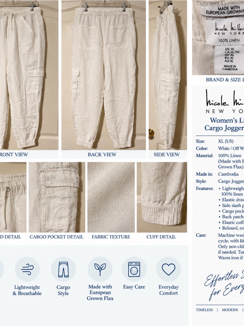 Nicole Miller Off-White Linen Cargo Joggers